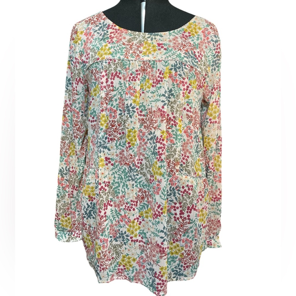 Loft Semi Sheer Long Sleeve Floral‎ Botanical Peasant Top Boho Spring Size Small